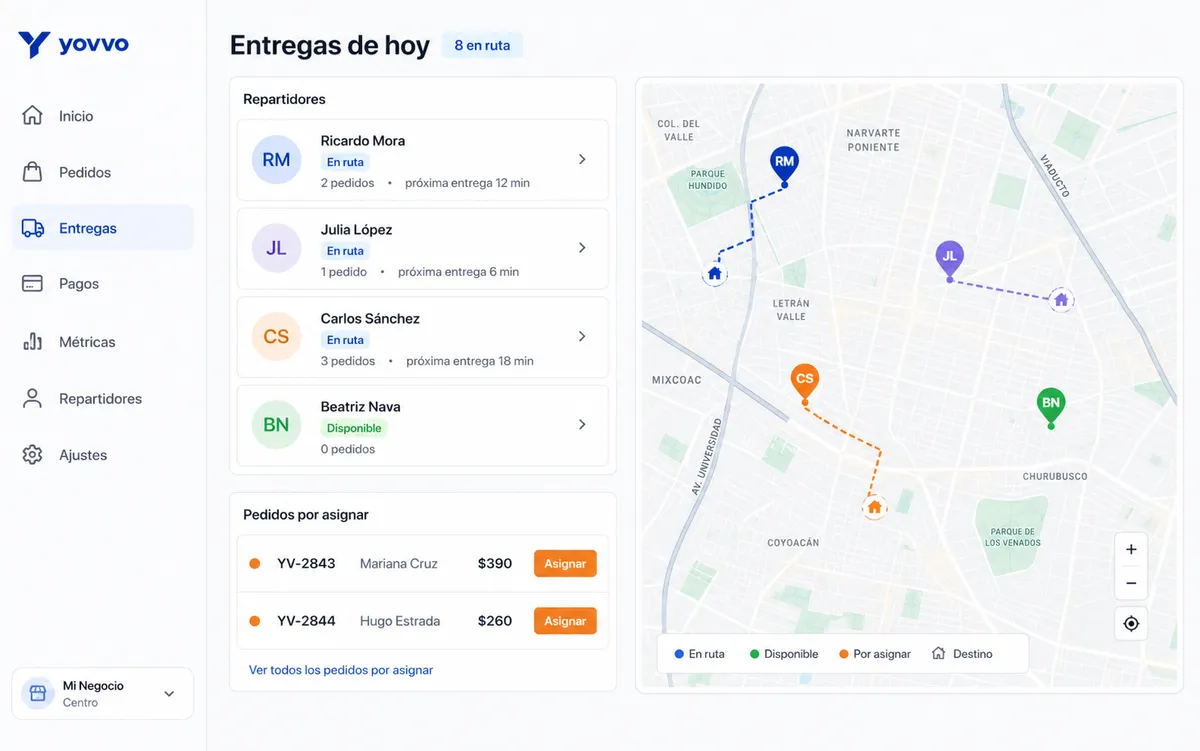 Pantalla de gestión de entregas de Yovvo