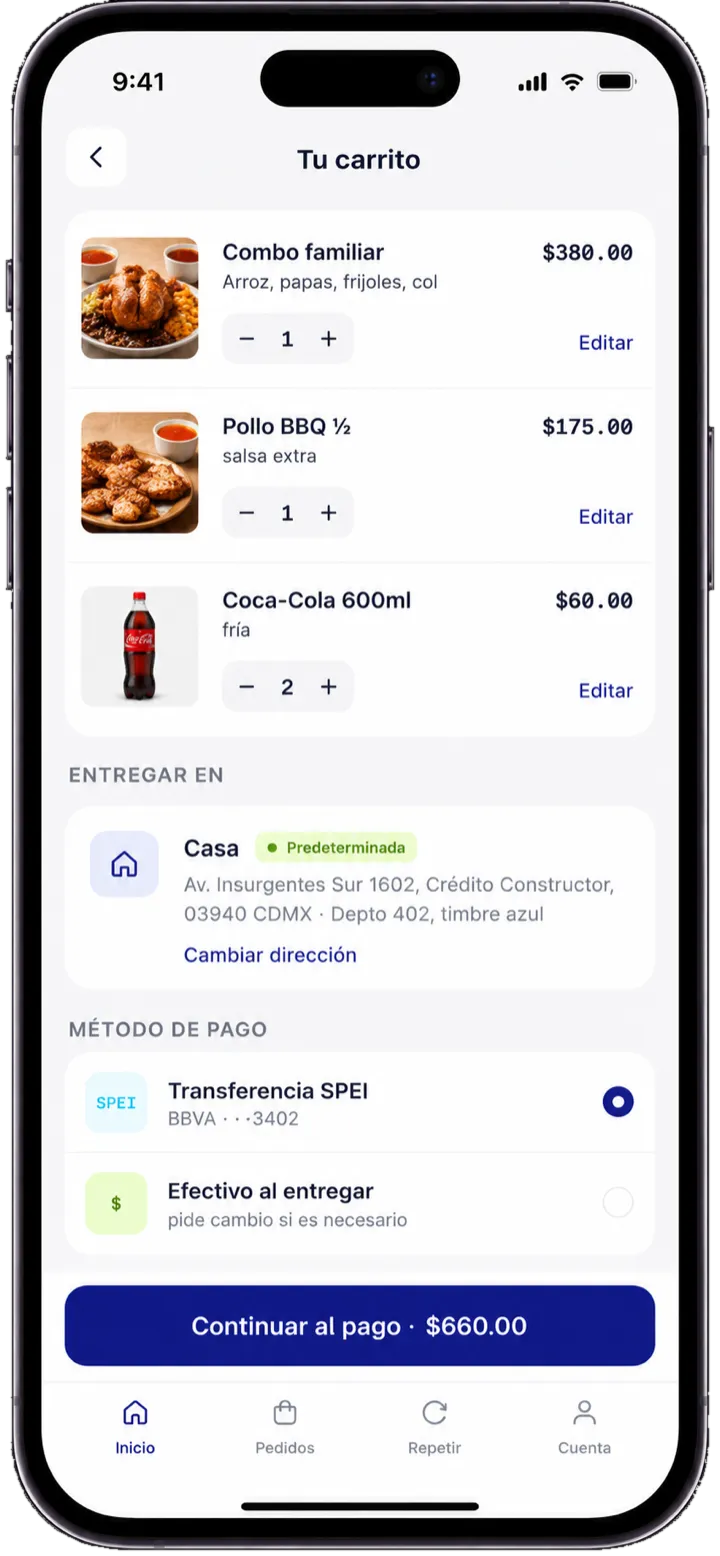 Carrito y pago en la aplicación de Yovvo