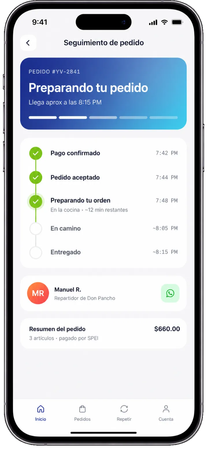 Seguimiento del pedido en la aplicación de Yovvo